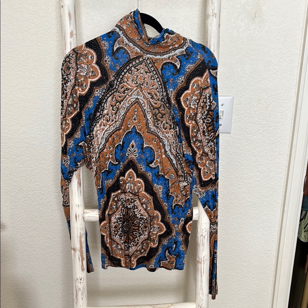 Free People Blue and Brown Paisley Mock Neck Long Sleeve Top XS